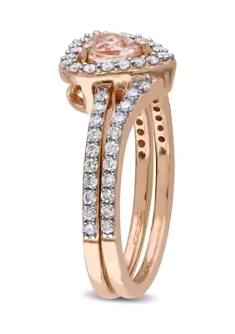 1/2 ct. t.w. Morganite and Diamond Halo Interlocking Bridal Ring Set 10k Rose Gold