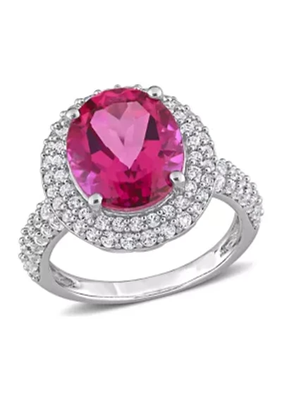 Lab Created Pink Topaz and White Sapphire Oval Halo Ring Sterling Silver