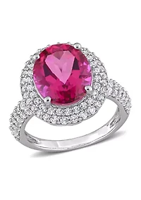 Lab Created Pink Topaz and White Sapphire Oval Halo Ring Sterling Silver