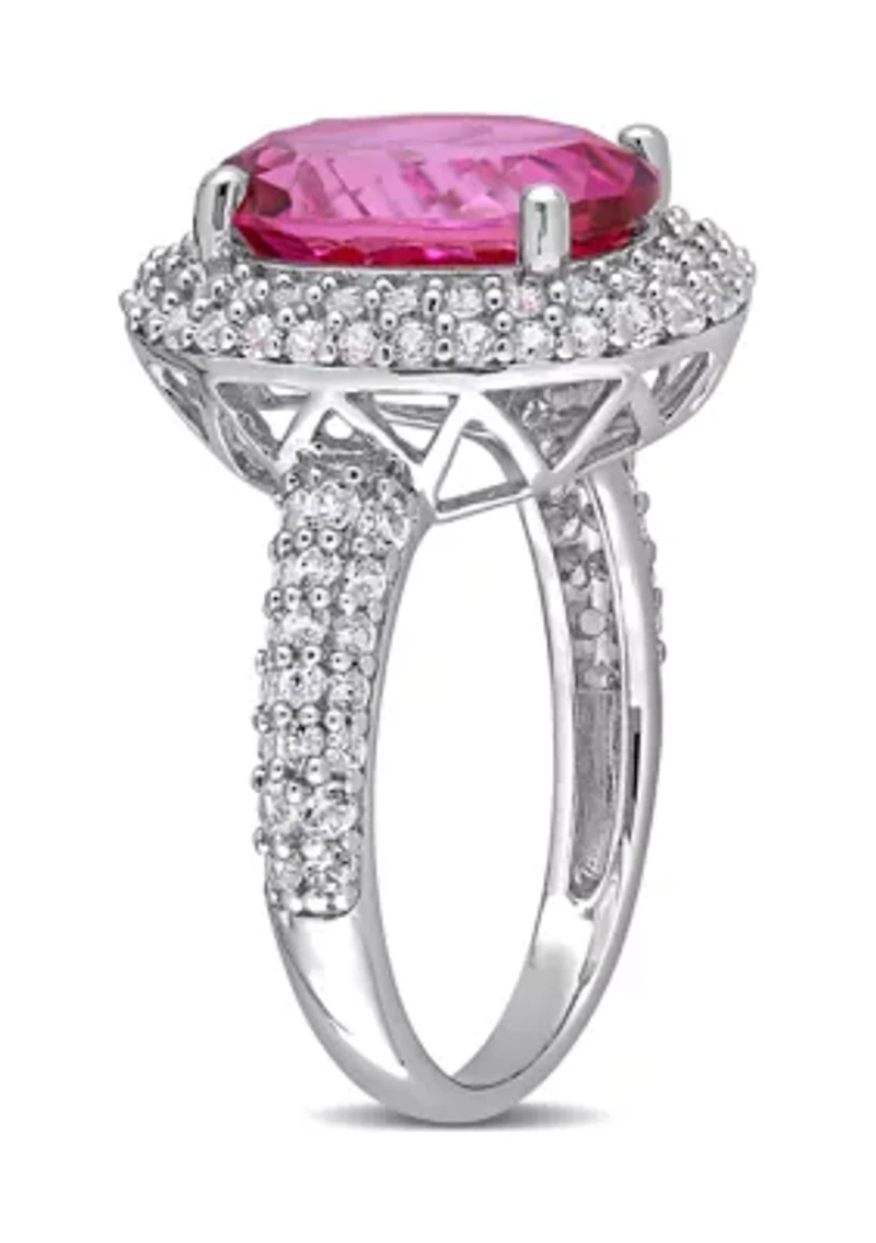 Lab Created Pink Topaz and White Sapphire Oval Halo Ring Sterling Silver