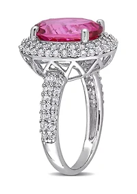 Lab Created Pink Topaz and White Sapphire Oval Halo Ring Sterling Silver