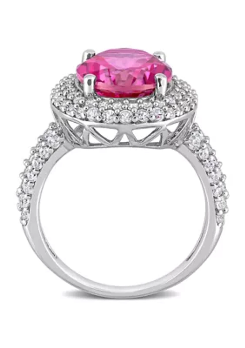 Lab Created Pink Topaz and White Sapphire Oval Halo Ring Sterling Silver