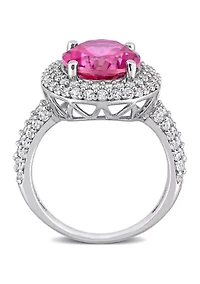 Lab Created Pink Topaz and White Sapphire Oval Halo Ring Sterling Silver