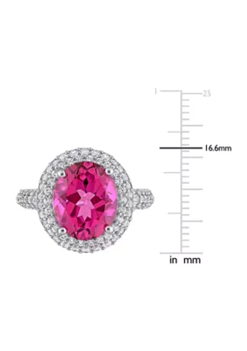 Lab Created Pink Topaz and White Sapphire Oval Halo Ring Sterling Silver