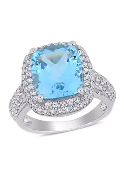 Lab Created Blue Topaz and White Sapphire Halo Ring Sterling Silver