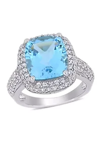 Lab Created Blue Topaz and White Sapphire Halo Ring Sterling Silver