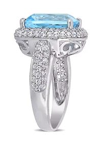 Lab Created Blue Topaz and White Sapphire Halo Ring Sterling Silver