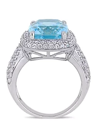 Lab Created Blue Topaz and White Sapphire Halo Ring Sterling Silver