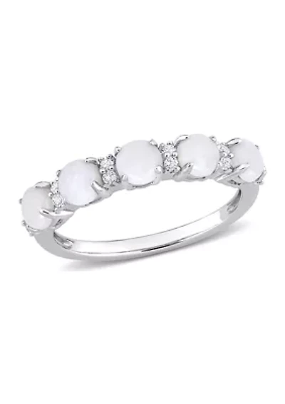 Opal and White Topaz Semi Eternity Ring Sterling Silver