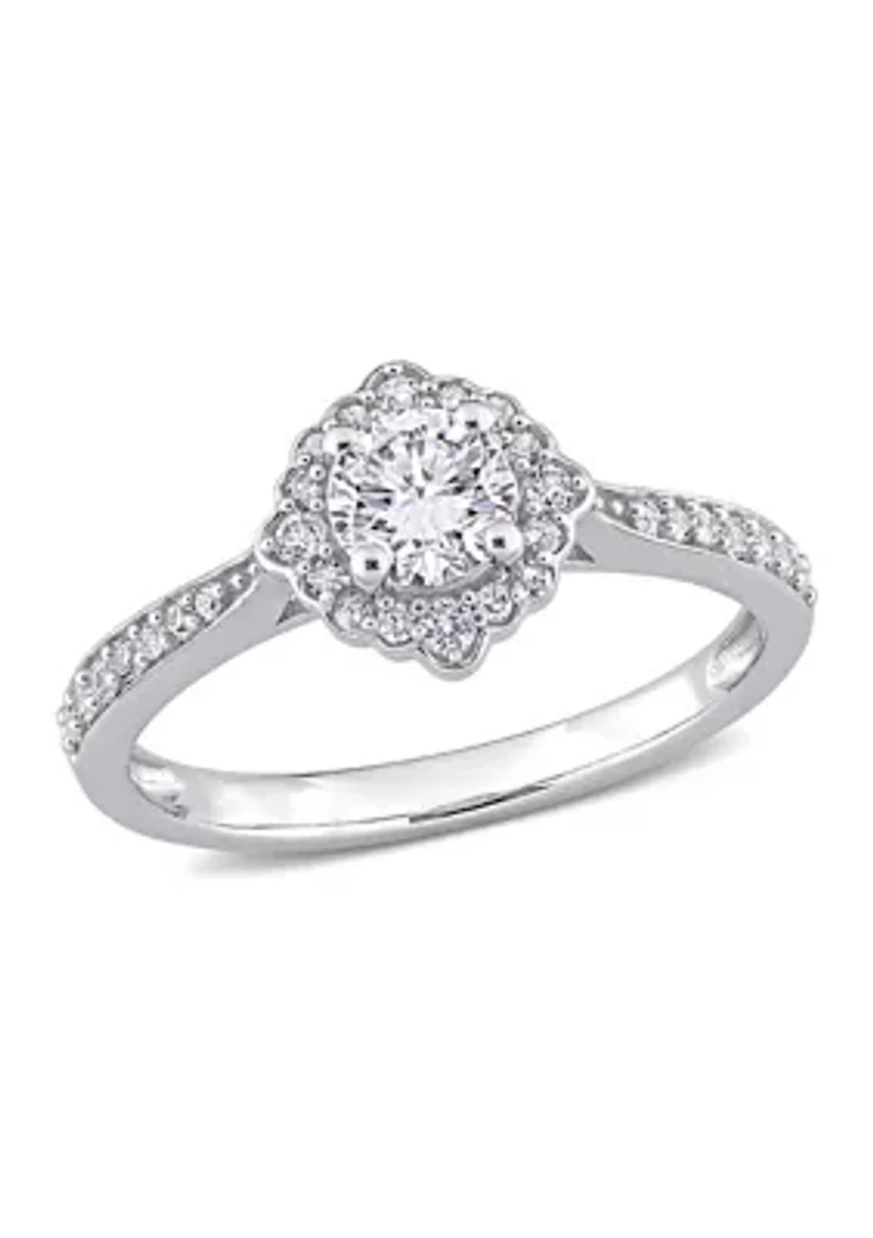 Lab Created 4/5 CT TGW White Sapphire and 1/10 TW Diamond Floral Halo Engagement Ring 10k Gold