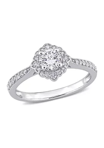 Lab Created 4/5 CT TGW White Sapphire and 1/10 TW Diamond Floral Halo Engagement Ring 10k Gold
