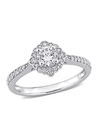 Lab Created 4/5 CT TGW White Sapphire and 1/10 TW Diamond Floral Halo Engagement Ring 10k Gold