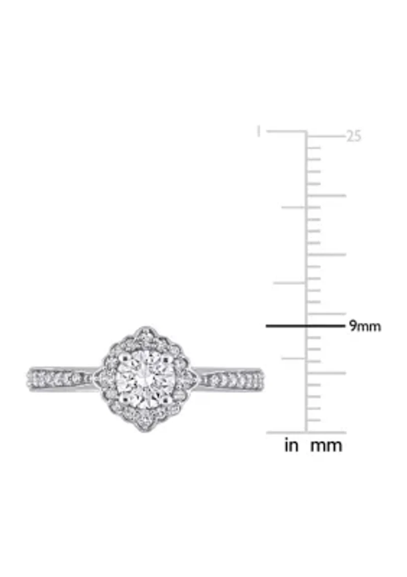 Lab Created 4/5 CT TGW White Sapphire and 1/10 TW Diamond Floral Halo Engagement Ring 10k Gold