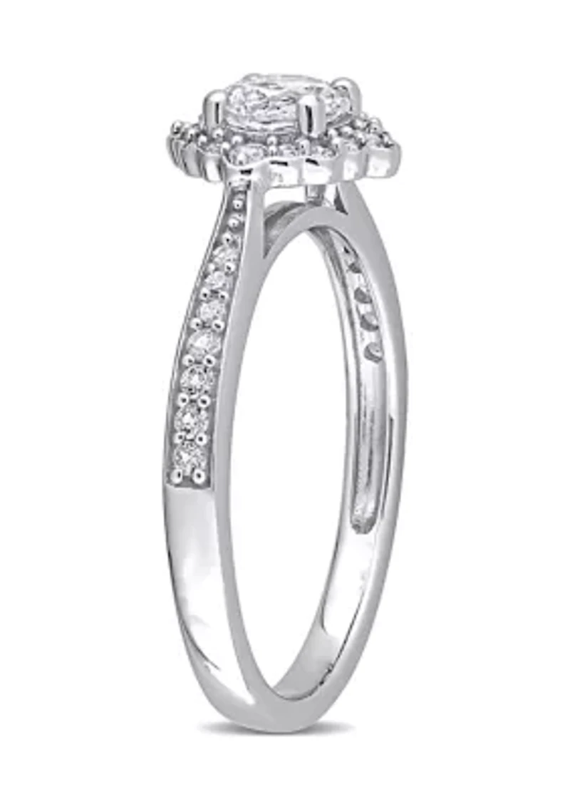 Lab Created 4/5 CT TGW White Sapphire and 1/10 TW Diamond Floral Halo Engagement Ring 10k Gold