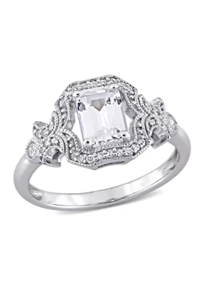 Lab Created 1.6 CT TGW White Sapphire and 1/6 TW Diamond Vintage Halo Ring Sterling Silver