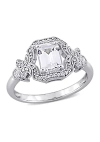 Lab Created 1.6 CT TGW White Sapphire and 1/6 TW Diamond Vintage Halo Ring Sterling Silver