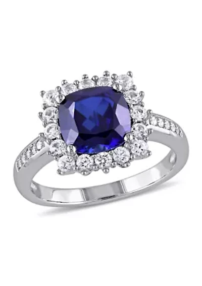 Lab Created 0.05 CT TW Diamond And 3 3/5 TGW Cushion Cut Blue Sapphire, White Sapphire Halo Ring Sterling Silver