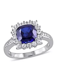 Lab Created 0.05 CT TW Diamond And 3 3/5 TGW Cushion Cut Blue Sapphire, White Sapphire Halo Ring Sterling Silver