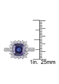 Lab Created 0.05 CT TW Diamond And 3 3/5 TGW Cushion Cut Blue Sapphire, White Sapphire Halo Ring Sterling Silver