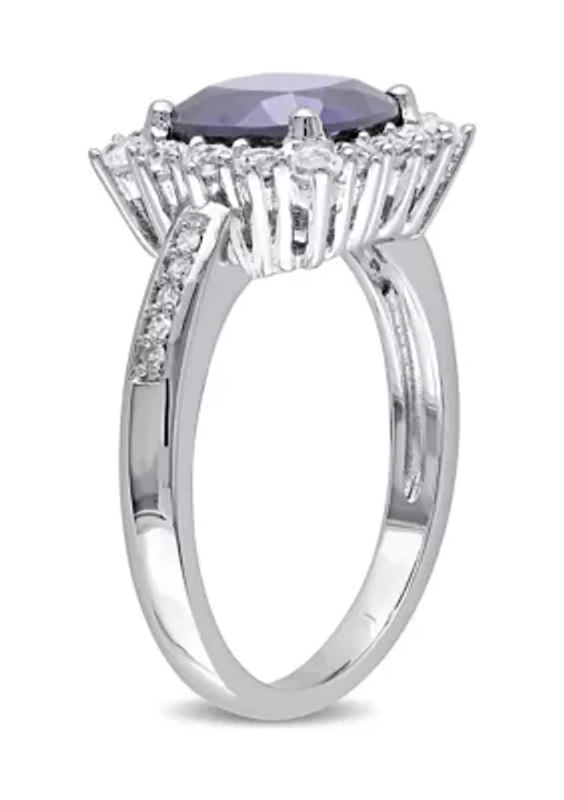 Lab Created 0.05 CT TW Diamond And 3 3/5 TGW Cushion Cut Blue Sapphire, White Sapphire Halo Ring Sterling Silver