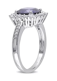 Lab Created 0.05 CT TW Diamond And 3 3/5 TGW Cushion Cut Blue Sapphire, White Sapphire Halo Ring Sterling Silver