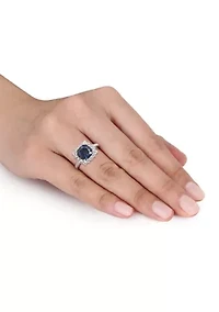 Lab Created 0.05 CT TW Diamond And 3 3/5 TGW Cushion Cut Blue Sapphire, White Sapphire Halo Ring Sterling Silver