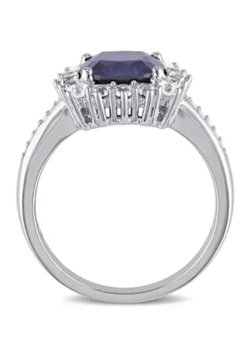 Lab Created 0.05 CT TW Diamond And 3 3/5 TGW Cushion Cut Blue Sapphire, White Sapphire Halo Ring Sterling Silver