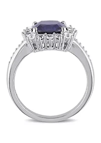 Lab Created 0.05 CT TW Diamond And 3 3/5 TGW Cushion Cut Blue Sapphire, White Sapphire Halo Ring Sterling Silver