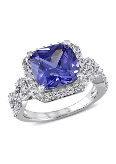 Lab Created 6 3/4 CT TGW Cushion Cut Tanzanite and White Sapphire Halo Ring Sterling Silver