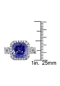 Lab Created 6 3/4 CT TGW Cushion Cut Tanzanite and White Sapphire Halo Ring Sterling Silver