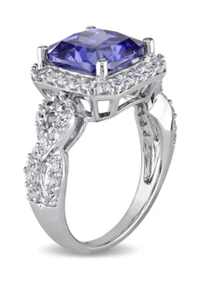 Lab Created 6 3/4 CT TGW Cushion Cut Tanzanite and White Sapphire Halo Ring Sterling Silver