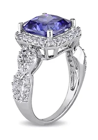 Lab Created 6 3/4 CT TGW Cushion Cut Tanzanite and White Sapphire Halo Ring Sterling Silver