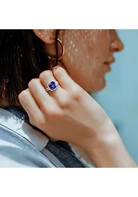 Lab Created 6 3/4 CT TGW Cushion Cut Tanzanite and White Sapphire Halo Ring Sterling Silver