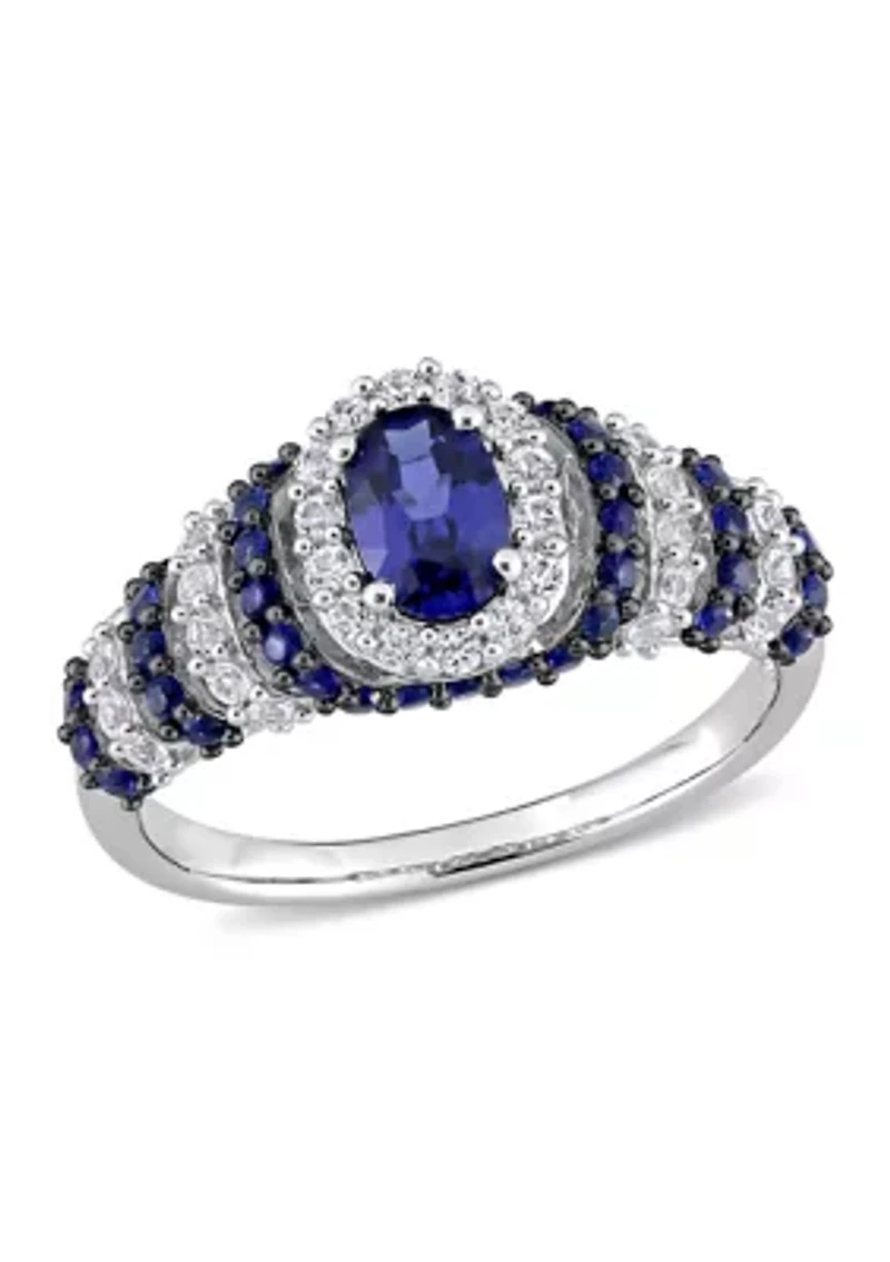 Lab Created 1 1/2 CT TGW Blue Sapphire and White Oval Vintage Ring Sterling Silver