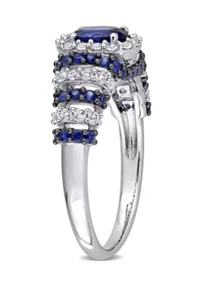 Lab Created 1 1/2 CT TGW Blue Sapphire and White Oval Vintage Ring Sterling Silver