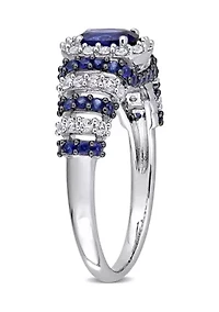 Lab Created 1 1/2 CT TGW Blue Sapphire and White Oval Vintage Ring Sterling Silver