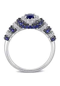 Lab Created 1 1/2 CT TGW Blue Sapphire and White Oval Vintage Ring Sterling Silver