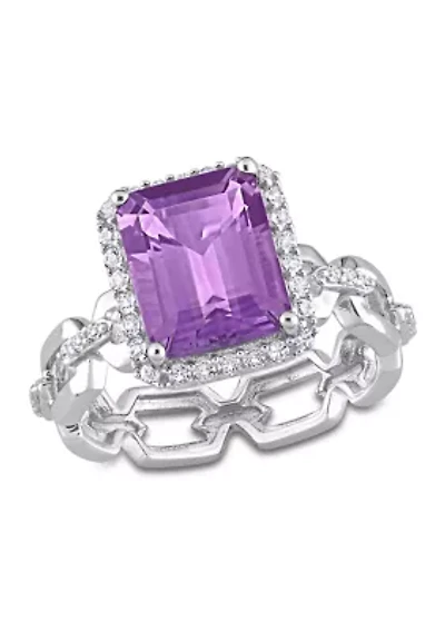 3 1/2 CT TGW Amethyst and White Topaz Halo Ring Sterling Silver