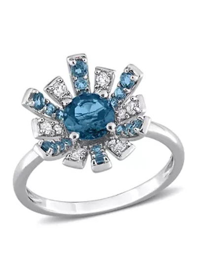 1 3/4 CT TGW London Blue Topaz and White Starburst Cocktail Ring Sterling Silver