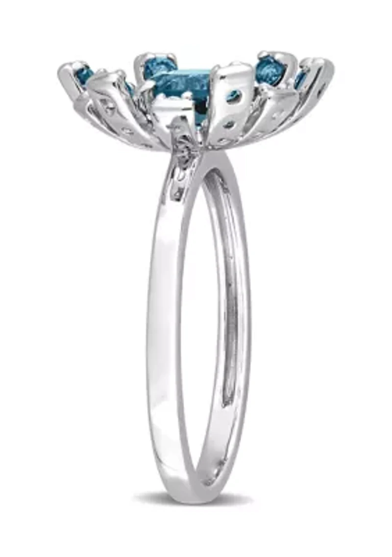 1 3/4 CT TGW London Blue Topaz and White Starburst Cocktail Ring Sterling Silver