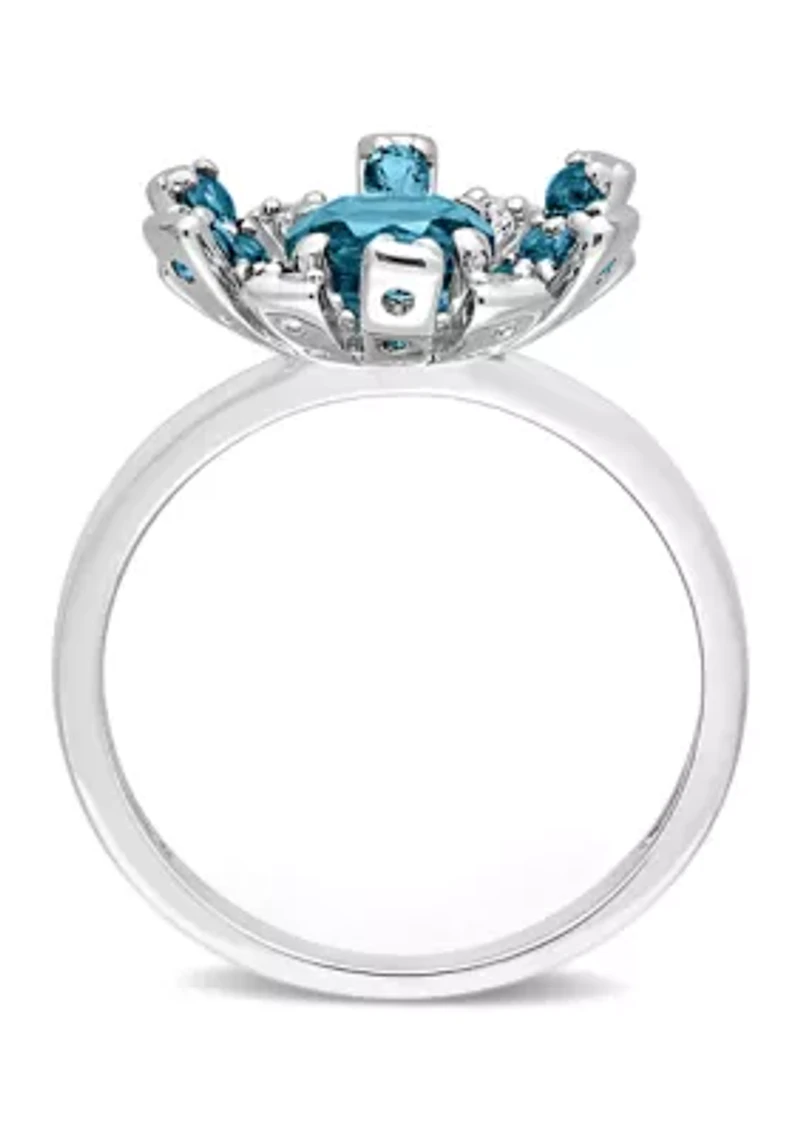 1 3/4 CT TGW London Blue Topaz and White Starburst Cocktail Ring Sterling Silver