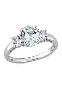 Lab Created Oval Cut Aquamarine and White Sapphire 3-Stone Ring Sterling Silver