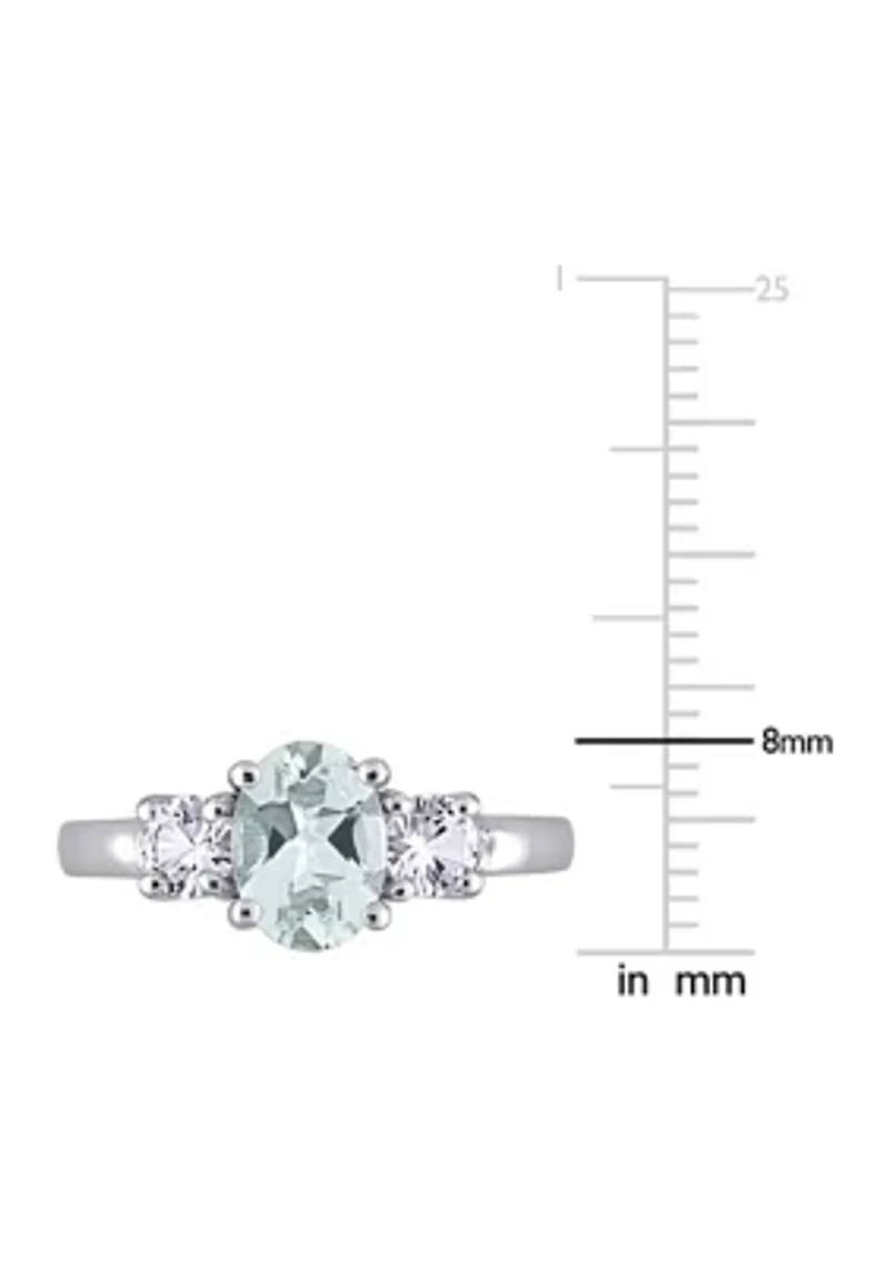 Lab Created Oval Cut Aquamarine and White Sapphire 3-Stone Ring Sterling Silver