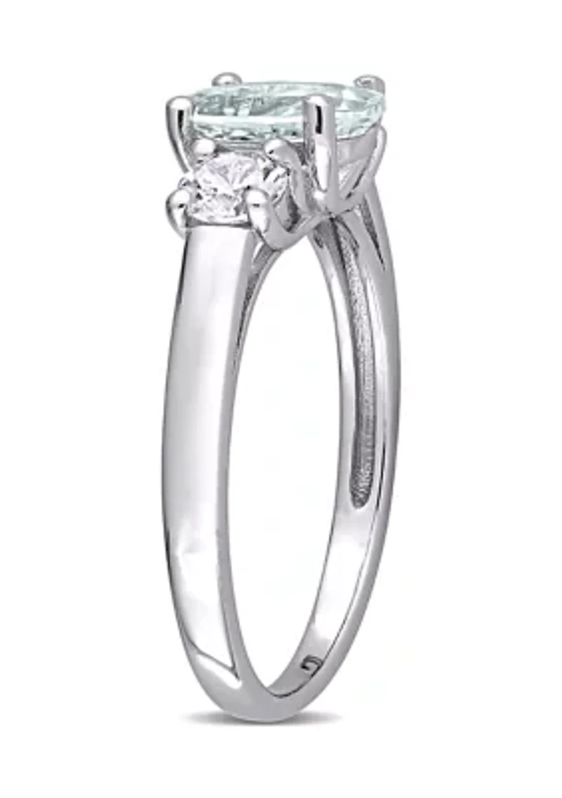 Lab Created Oval Cut Aquamarine and White Sapphire 3-Stone Ring Sterling Silver