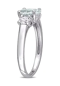 Lab Created Oval Cut Aquamarine and White Sapphire 3-Stone Ring Sterling Silver
