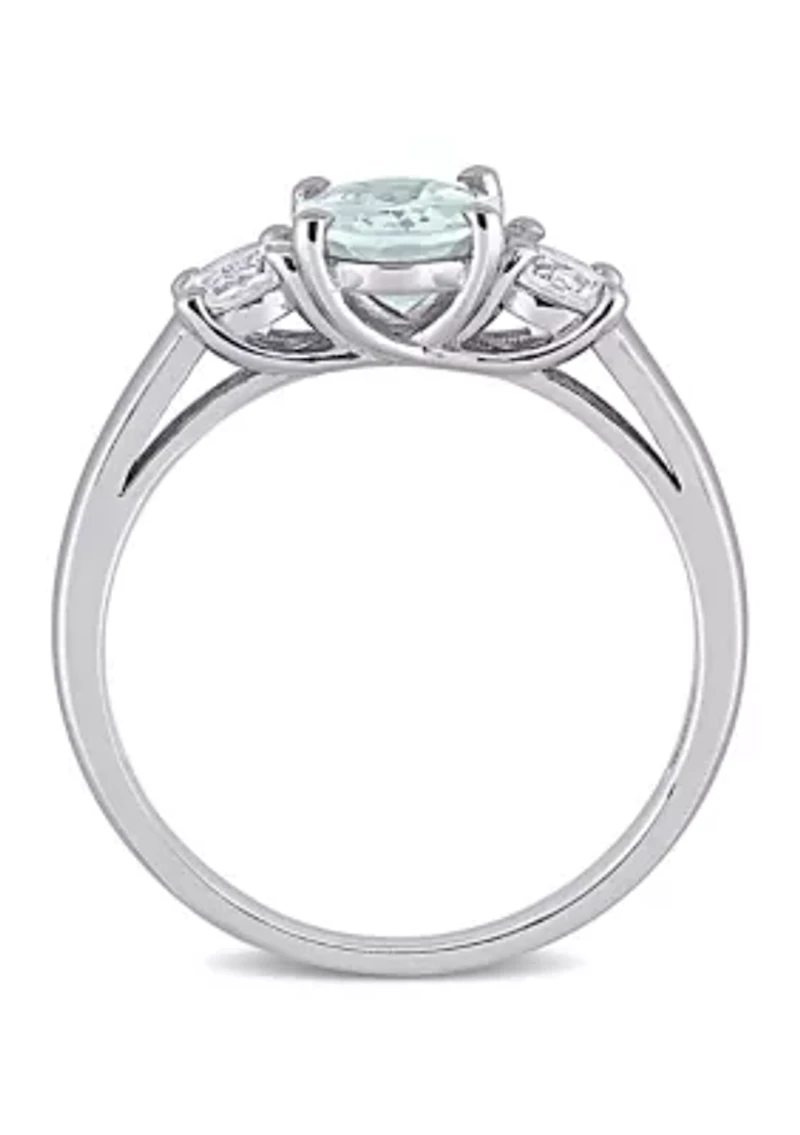 Lab Created Oval Cut Aquamarine and White Sapphire 3-Stone Ring Sterling Silver
