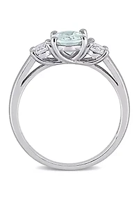 Lab Created Oval Cut Aquamarine and White Sapphire 3-Stone Ring Sterling Silver