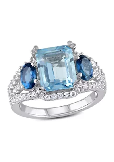 5 3/4 CT TGW Emerald Cut Sky Blue Topaz and Created White Sapphire 3-Stone Ring Sterling Silver