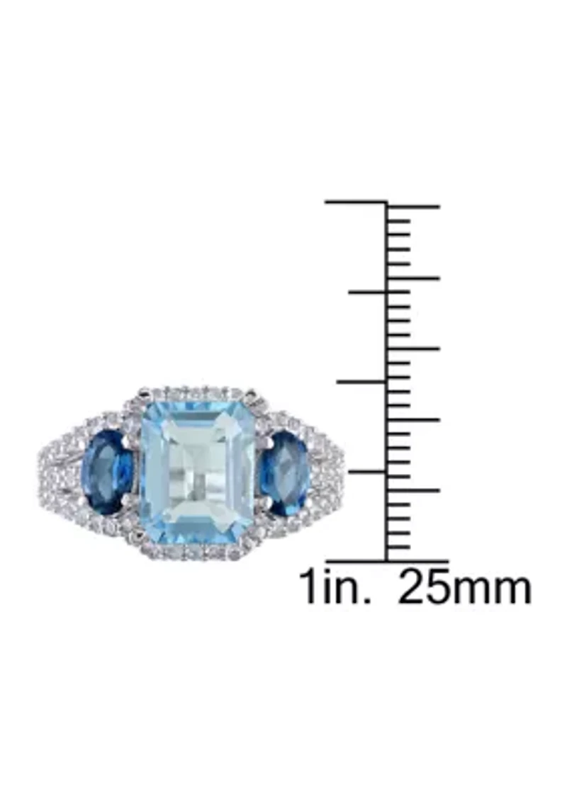 5 3/4 CT TGW Emerald Cut Sky Blue Topaz and Created White Sapphire 3-Stone Ring Sterling Silver