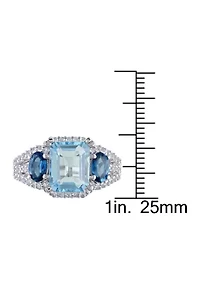 5 3/4 CT TGW Emerald Cut Sky Blue Topaz and Created White Sapphire 3-Stone Ring Sterling Silver